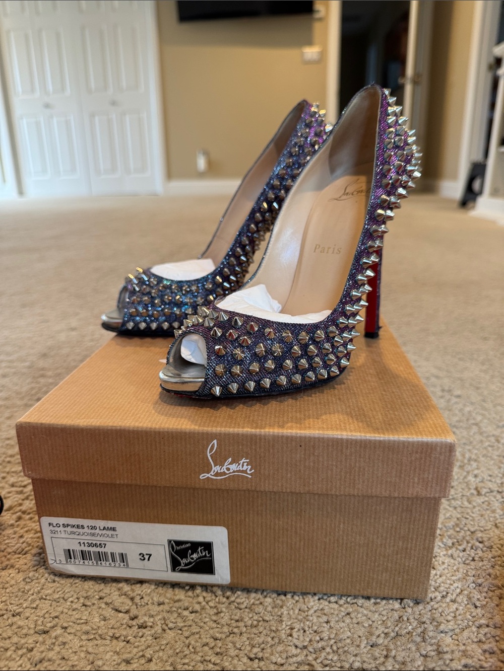 Christian Louboutin Purple Crystal Spike Peep-Toe Heels